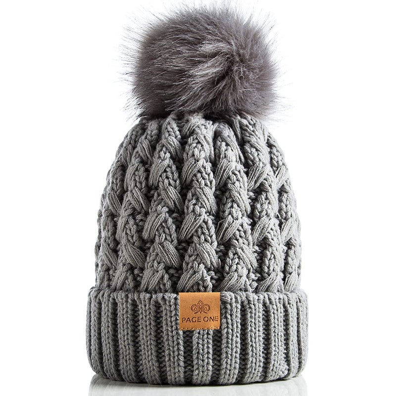 PAGE ONE Womens Winter Ribbed Beanie Crossed Cap Chunky Cable Knit Pompom Soft Warm Hat Light Gray - Image 1